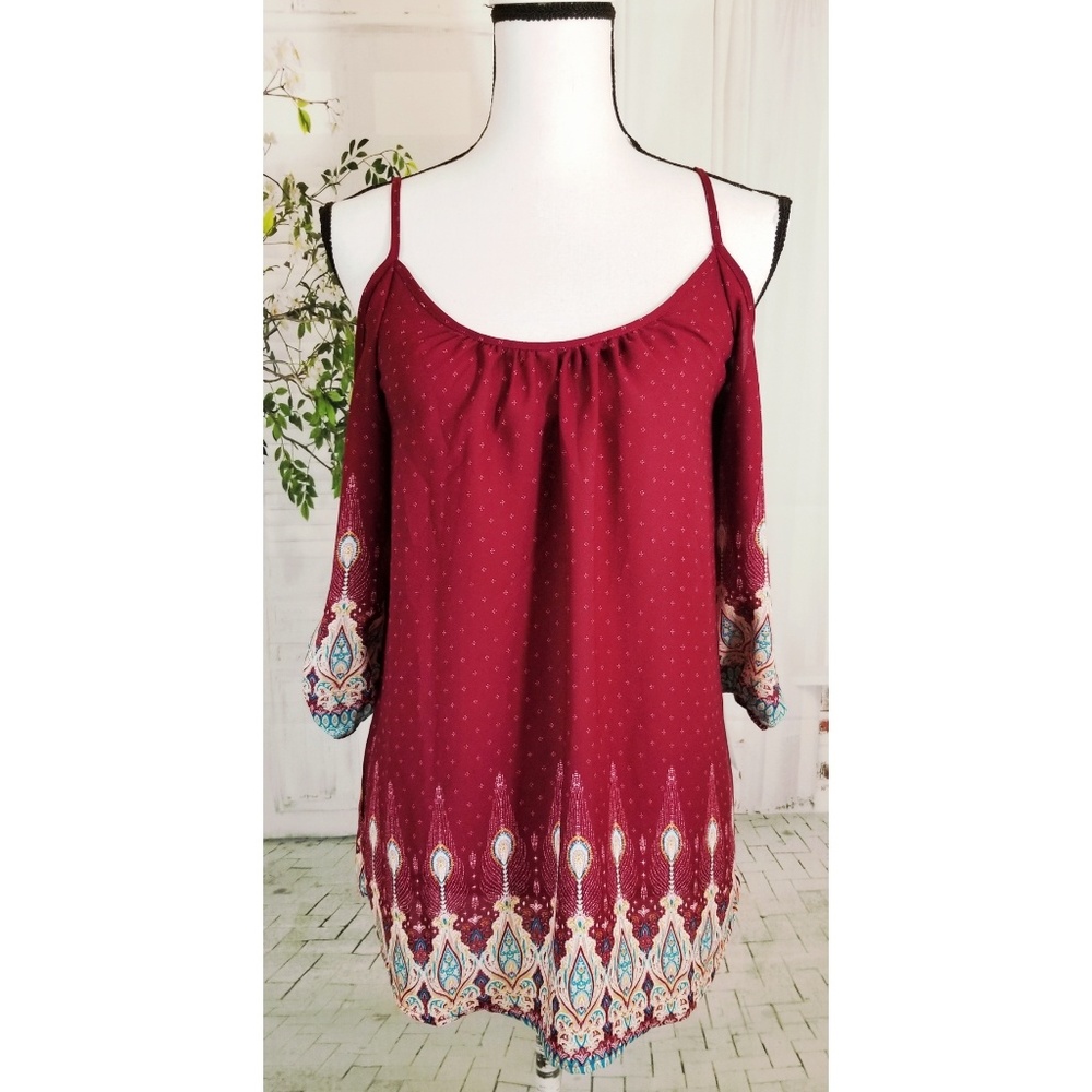 Pink Rose cold shoulder boho top maroon L